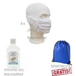 3x ASA Community Mask, Mund-Nasen-Maske Textil, Weiß, Waschbar 60°, (65% Polyester, 35% Baumwolle) Mehrfach-Maske, Mit Bindebändern, Marvitamed Handgel 80ml, Sportbeutel Gratis
