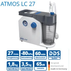Atmos LC27 Homecaresauger, Absauggerät Für Zu Hause (stufenlos 27 L/min) Einpatienten- Sektretbehälter 800ml, Bakterienfilterkartusche, Netz- Oder Akkubetrieb