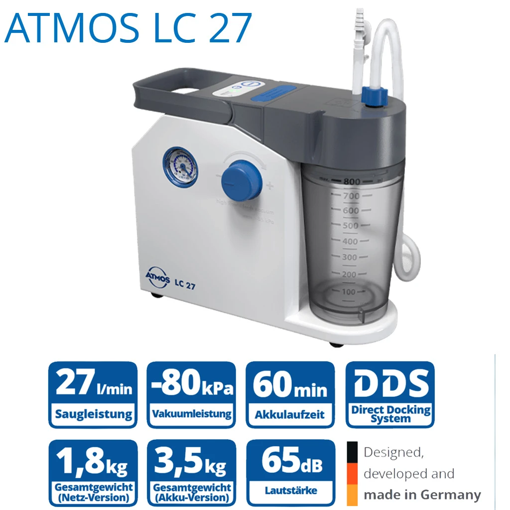 Atmos LC27 Homecaresauger, Absauggerät Für Zu Hause (stufenlos 27 L/min) Einpatienten- Sektretbehälter 800ml, Bakterienfilterkartusche, Netz- Oder Akkubetrieb 3 Atmos LC27 Homecaresauger, Absauggerät Für Zu Hause (stufenlos 27 L/min) Einpatienten- Sektretbehälter 800ml, Bakterienfilterkartusche, Netz- Oder Akkubetrieb