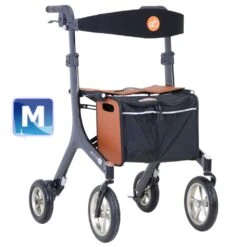 Rollator Carbon F1 Mit Echt-Leder Sitz Und Einkaufstasche, Größe M, Inkl. Rückengurt, Faltbar, Designräder, Bis 130 Kg Belastbar, Nur 5,9kg (ohne Zubehör)
