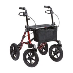 Dietz Taima XC Air Rollator Rot, Luftbereifung, Neues Modell, Leichtgewicht Nur 9,1 Kg, Bis 150kg Belastbar, Mit Gehstockhalter, Einkaufsnetz, Ankipphilfe, Reflektoren & Lenkungsdämpfer