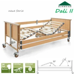 Burmeier Pflegebett Dali V2 Holz Mit Kabelbedienung, 24V-Sicherheits-Technik, Mit Holzumrandung, Holz-Liegefläche 4-geteilt, Bis 185kg Arbeitslast