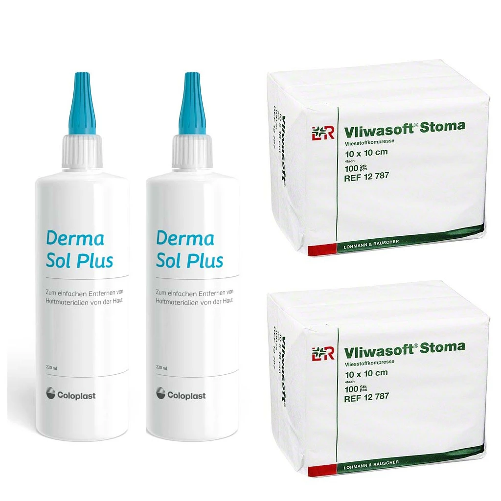 Sparset = 2 X Coloplast Derma Sol Plus 230ml Pflasterentferner Inkl. 2 X Lohmann Vliwasoft Stomakompressen 10x10 (P=100) 3 Sparset = 2 X Coloplast Derma Sol Plus 230ml Pflasterentferner Inkl. 2 X Lohmann Vliwasoft Stomakompressen 10x10 (P=100)