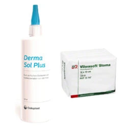Aktionspaket = Coloplast Derma Sol Plus, 230ml Pflasterentferner + Vliwasoft Stomakompressen, 10x10cm, 4-fach, Saugstarke Kompresse Zur Stomapflege