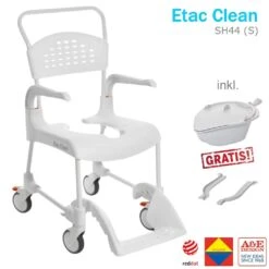 AKTION = Etac Clean 5" (S) Schiebe Dusch- Und Toilettenstuhl Aktionsset Inkl. Halterung Und Becken, 2 Arretierbare Räder, Weiss, SH44