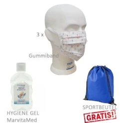 3x FMT Mund-Nasen-Maske Textil, Weiß/gepunktet, Waschbar 60°, 3-lagig, Öko-Tex, Mit Eingearbeitetem Vlies (65% Baumwolle, 35% Polyester) Mehrfach-Maske, Mit Gummiband, Marvitamed Hand Hygiene Gel 80ml, Sportbeutel Gratis