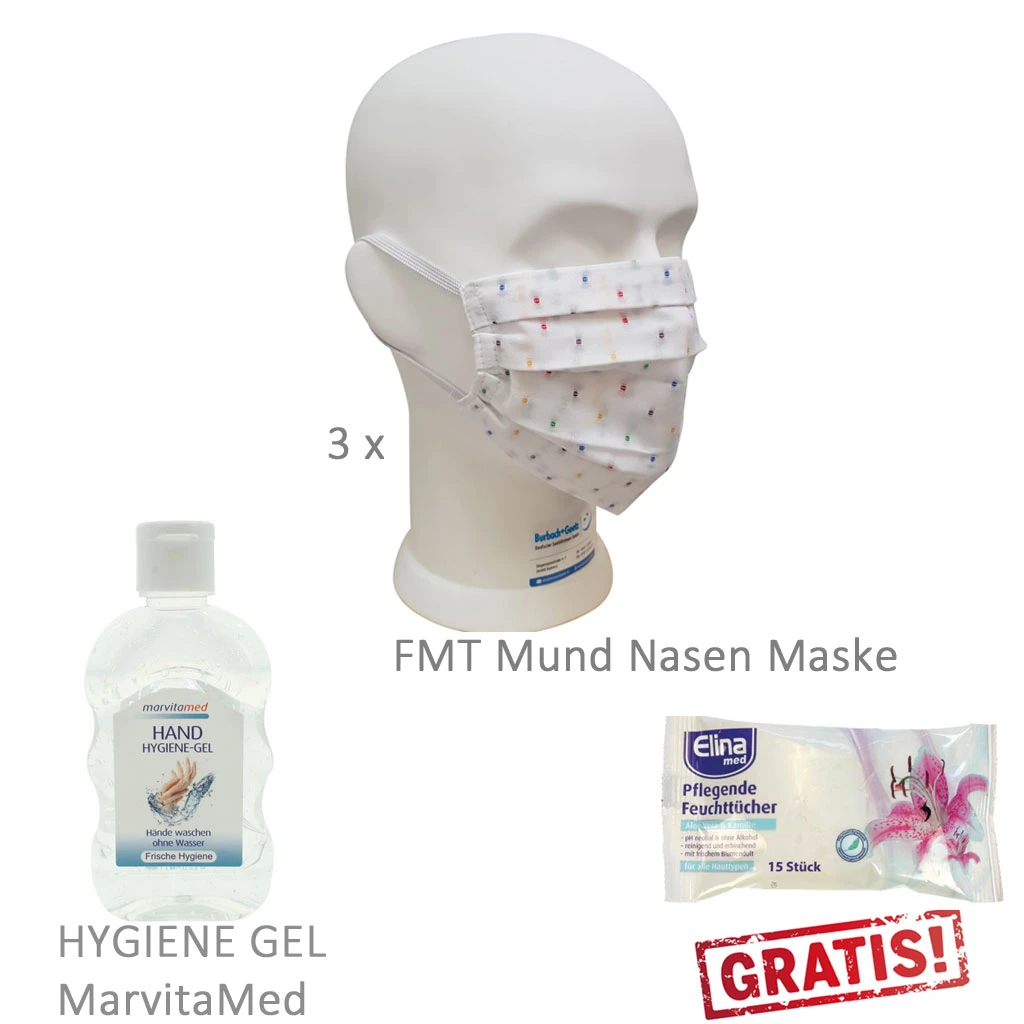 3x FMT Mund-Nasen-Maske Textil, Weiß/gepunktet, Waschbar 60°, 3-lagig, Öko-Tex, Mit Eingearbeitetem Vlies (65% Baumwolle, 35% Polyester) Mehrfach-Maske, Mit Gummiband, Marvitamed Handgel 80ml, Feuchttücher Gratis 3 3x FMT Mund-Nasen-Maske Textil, Weiß/gepunktet, Waschbar 60°, 3-lagig, Öko-Tex, Mit Eingearbeitetem Vlies (65% Baumwolle, 35% Polyester) Mehrfach-Maske, Mit Gummiband, Marvitamed Handgel 80ml, Feuchttücher Gratis