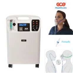 GCE M50 FireSafe Sauerstoffkonzentrator, 5L/min., Leiser Betrieb, Sauerstoffgerät Mit Digitalanzeige (Set Mit FireSafe, Anfeuchter, O2-Nasenbrille Und Sauerstoff-Atemmaske)