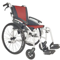 Rollstuhl G-Logic 24, Rot, SB 45cm, Begleiterbremse, Gewicht 13,3 Kg, Faltbar, Der Ideale Alu-Reise-Transport-Rollstuhl, Klapprücken, Leer-Transportgewicht Nur 7.5kg -Coloplast Verkaufsgeschäft GLogic rot 01