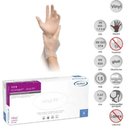 Maimed Vinyl PF Einmal-Handschuhe, Packung à 100 Stück, Vinyl-Handschuhe Puderfrei, Unsteril, Latexfrei, Transparent