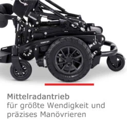 Meyra IChair Sky Elektro-Rollstuhl, Aufstehrollstuhl, Stehfunktion, Liegefunktion, Sitzlift, Sitzkantelung, Rückenverstellung, Memory-Funktion, Wendiger Mittelradantrieb, Sitzsystem Biomechanisch Uvm. -Coloplast Verkaufsgeschäft Meyra Sky Mittelrad1