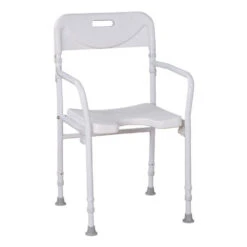 RFM Faltbarer Duschstuhl, Mit Armlehnen, Mit Hygieneauschnitt, Höhenverstellbar, Ohne Werkzeug Einfach Faltbar, Bis 110kg