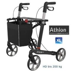 Athlon HD Superleicht Carbon-Rollator, Mit Original-TPE-Räder, Ab 6 Kg, Gehwagen Mit Einkaufstasche & Stockhalter, Sitzbreite 55cm, XL Version Bis 200kg