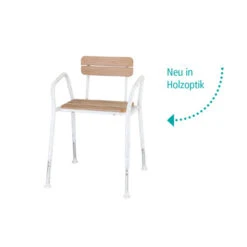 Duschstuhl HOD-2 Mit Holzoptik, Aluminium/PS-Kunststoff, Breite Sitzfläche 47x29cm, Mit Arm -und Rückenlehne, Höhenverstellbar 80–90cm, Bis 136kg
