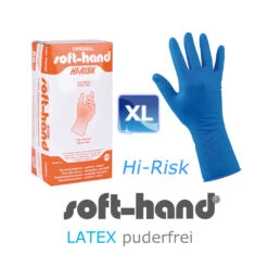 Soft-Hand Hi-Risk Latex XL, Einmal Untersuchungshandschuhe Für Laborzwecke, Fb. Blau, Puderfrei, Angerauhte Oberfläche, Verlängerte Stulpe Mit Rollrand, Extra Stark, Unsteril, P=50