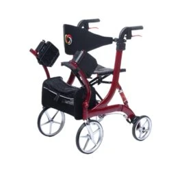 Bescomed Spring VARIO-M, Rollator + Rollstuhl, Bordeauxmetallic, 2in1, Alu Leichtgewichtsrollstuhl, Neue Serie, Gehwagen + Rollstuhl Inkl. Beinstützen Und Komfort-Rückengurt