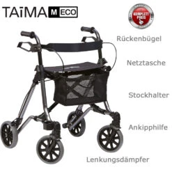 Dietz Taima M ECO, Leichtgewicht Rollator (NEU) Mit Rückenbügel, Gehstockhalter, Netztasche, Ankipphilfe, Lenkungsdämpfer Für Mehr Fahrkomfort, Bis 150 Kg