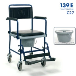 Vermeiren 139E Toilettenstuhl, Blau, Fahrbar, Mit Abklappbaren Armlehnen Und Beinstützen, 4 Lenkräder, Sitzfläche Gepolstert, Eimer Geruchsversiegelung, Bis 120kg