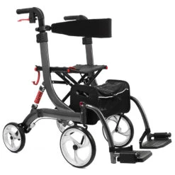 Bescomed Spring VARIO-L, Rollator + Rollstuhl, Graphitgrau, 2in1, Alu Leichtgewichtsrollator, Neue Serie, Gehwagen + Rollstuhl Inkl. Beinstützen Und Komfort-Rückengurt