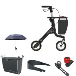 Xeon Carbon Rollator Promo Set, Ultra Leichtgewichts Rollator, Aktion = Stoßabsorbierende PUR-Softräder + Rollatorklingel + LED Licht + Gepolsterter Komfortrückengurt + Rollatorschirm Mit Multifunktionsarm + Clip-Tasche -Coloplast Verkaufsgeschäft xeon soft komplett